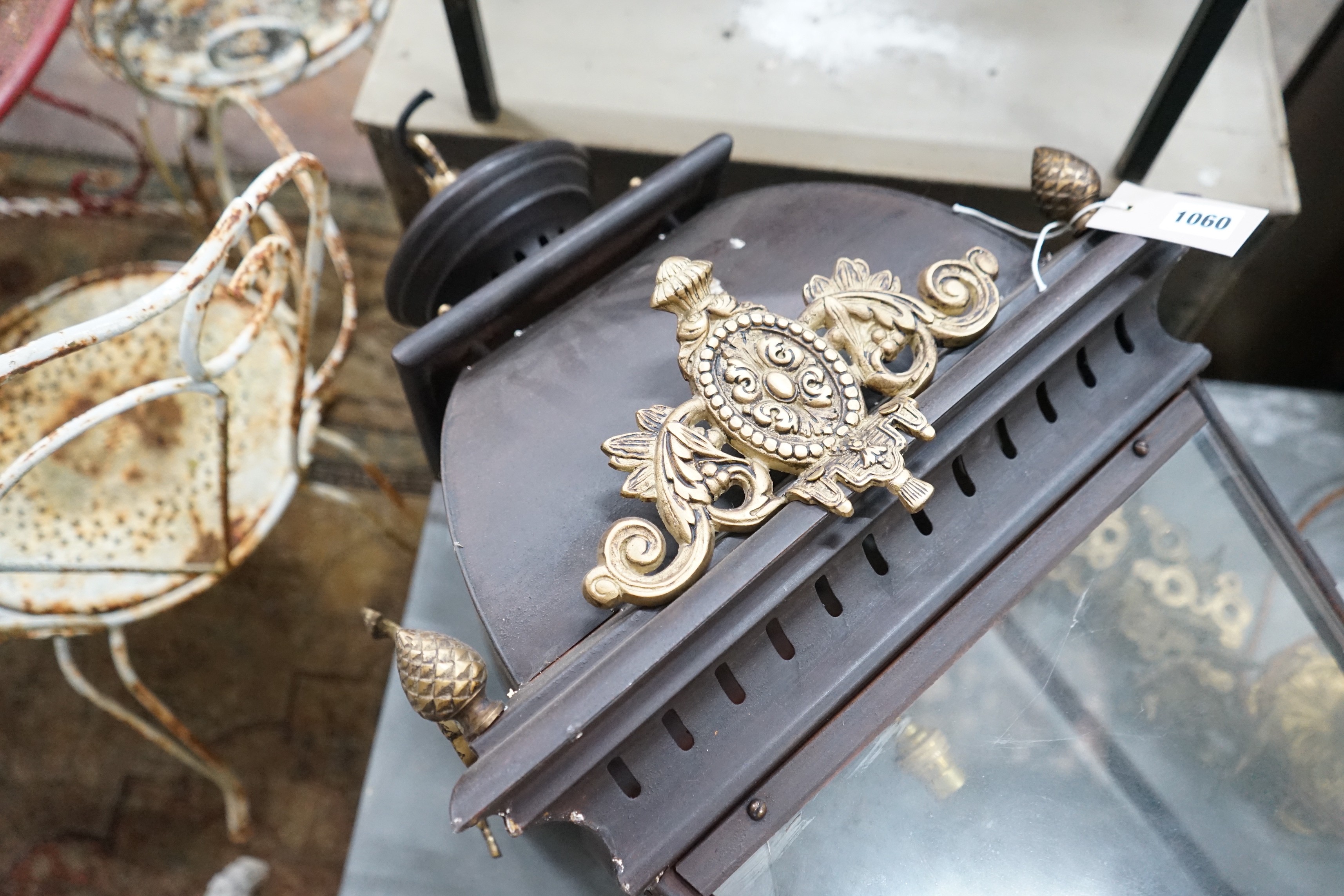 A Victorian style lantern and chain, height 108cm together with a gilt metal table lamp